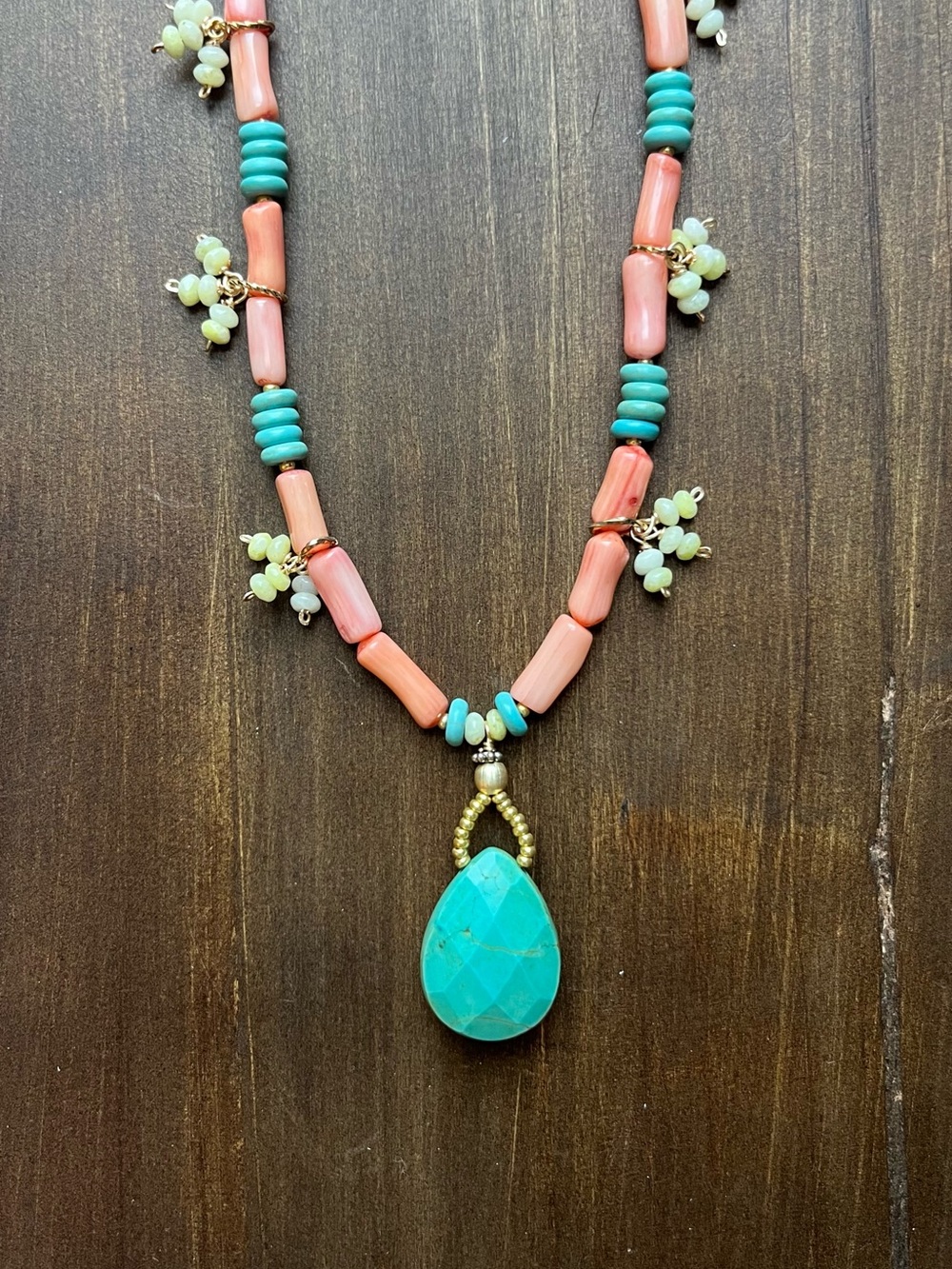 Turquoise Pendant Beaded Necklace - Coral & Turquoise Color